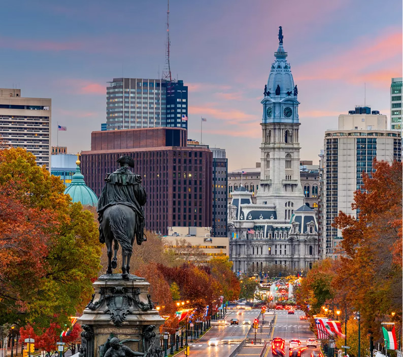 Philadelphia City Hall and the Benjamin Franklin Parkway in autumn